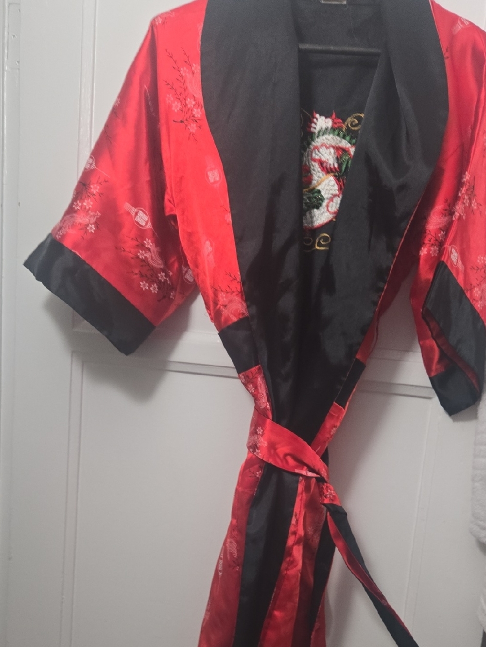 Red and Black Satin Embroidered Kimono Robe